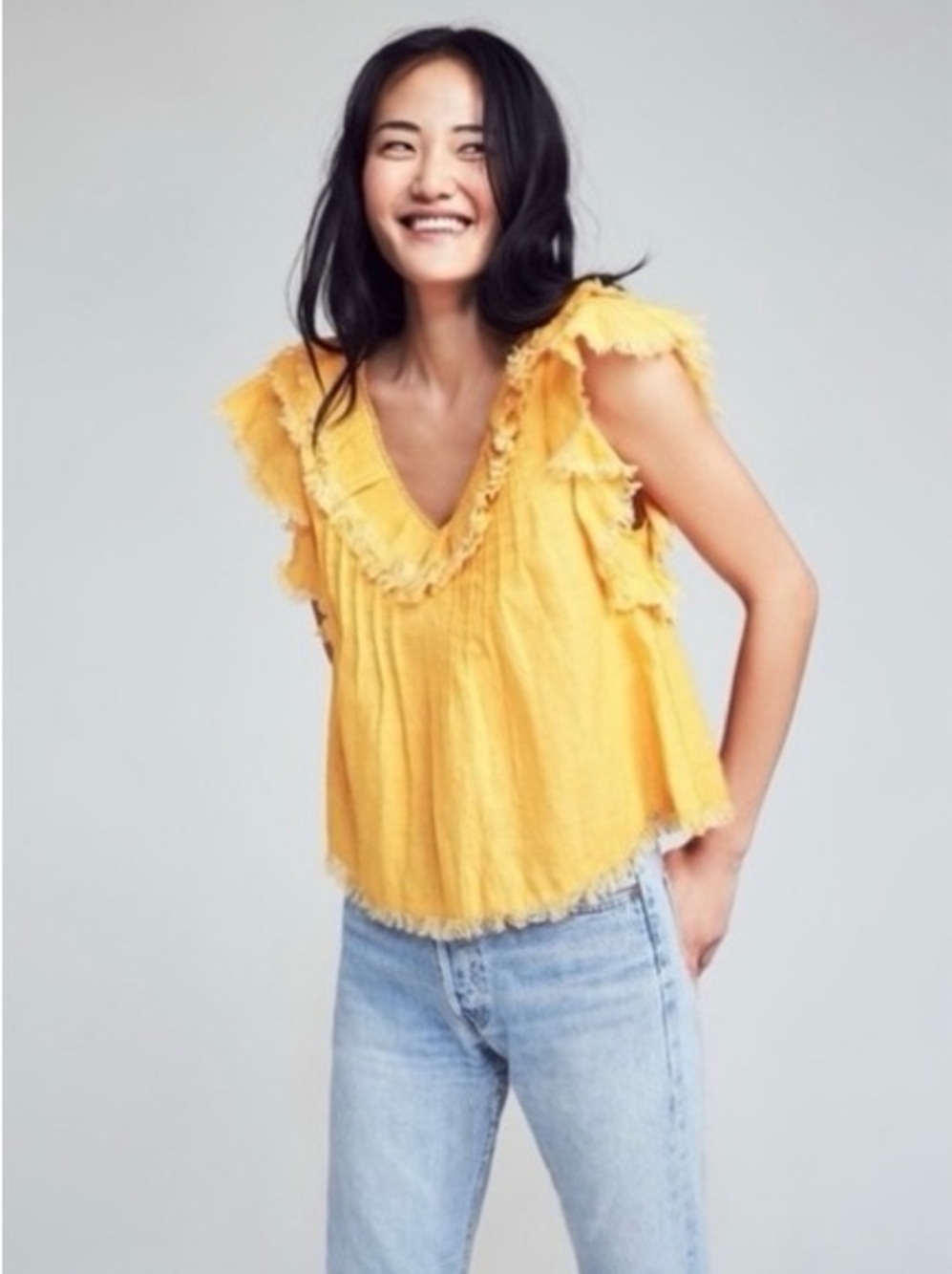 FAHERTY Yosepha Marigold Yellow Linen Ruffle Top